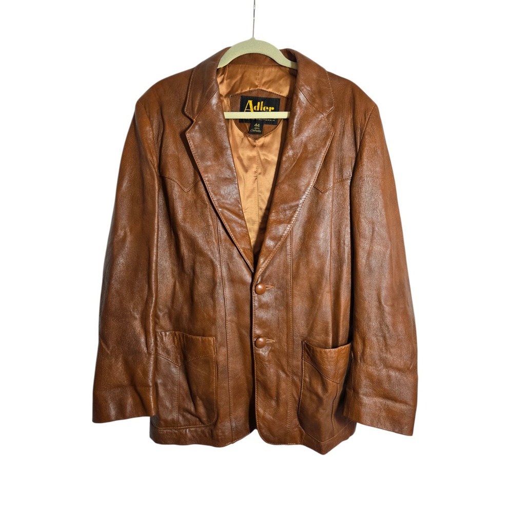 Adler Mens Large 44 Leather Blazer Coat Chestnut Made In USA Vintage